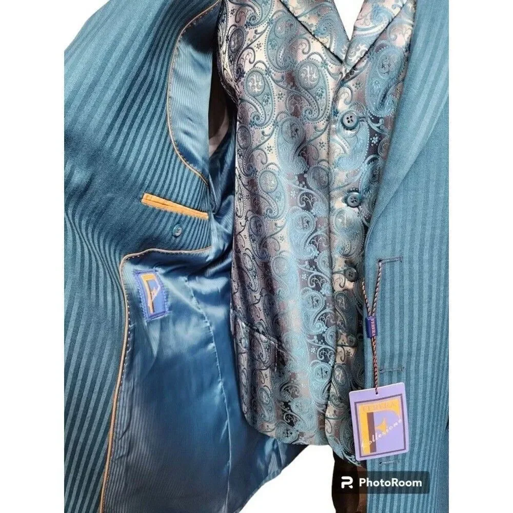 Ferera Teal Green 3 Piece Suit Mens Size 42L NEW Dapper Gentleman